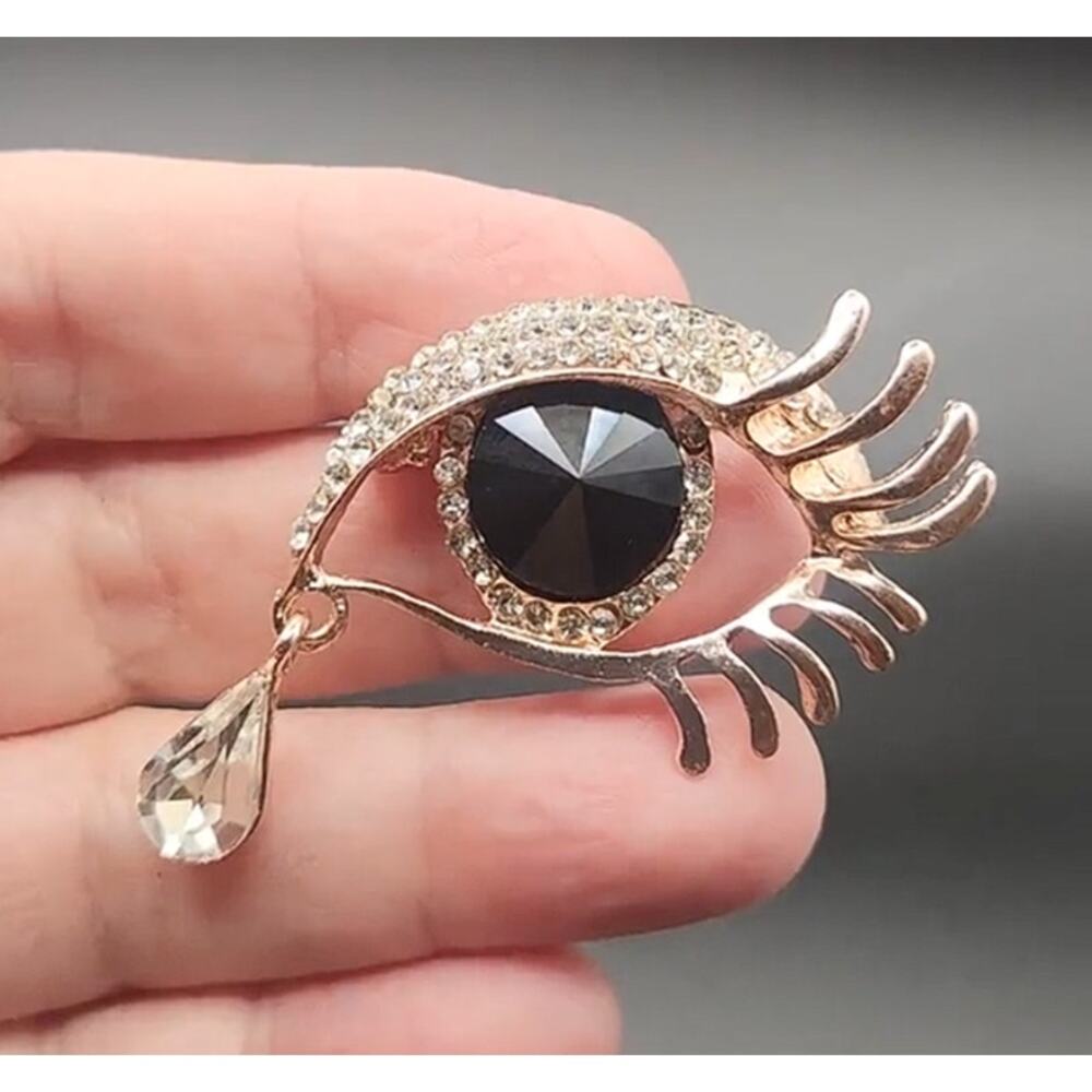 Eye with Lashes Waterdrop Brooch Rhinestone on Gold Tone Metal Black Iris